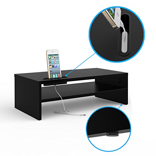 BONTEC Soporte Monitor Mesa Elevador Monitor Soporte Portatil Ordenador 2 Niveles Negro, W420 x D235 x H142mm con Soporte para Teléfono Inteligente y Gestión de Cables