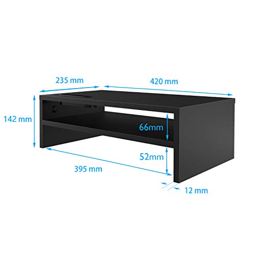 BONTEC Soporte Monitor Mesa Elevador Monitor Soporte Portatil Ordenador 2 Niveles Negro, W420 x D235 x H142mm con Soporte para Teléfono Inteligente y Gestión de Cables
