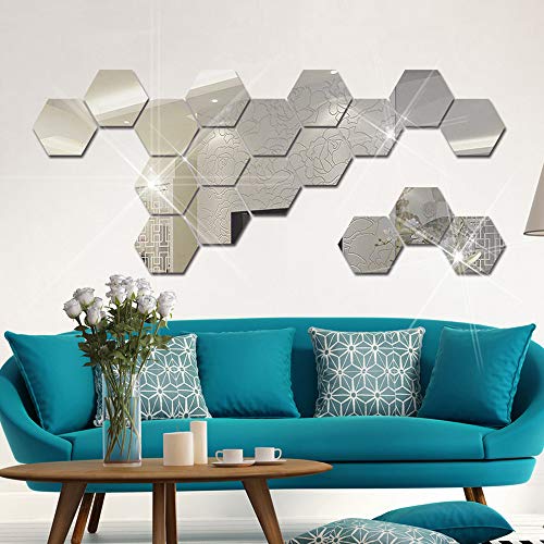 Booly 12 Pcs Espejos Autoadhesivos Azulejos Espejo Pegatinas De Pared Espejo 3D Hexágono Adhesivos Acrílicos Para Dormitorio Tv Pared Baño Pasillo Decoración De La Pared (7.2 * 6.3 Pulgadas)