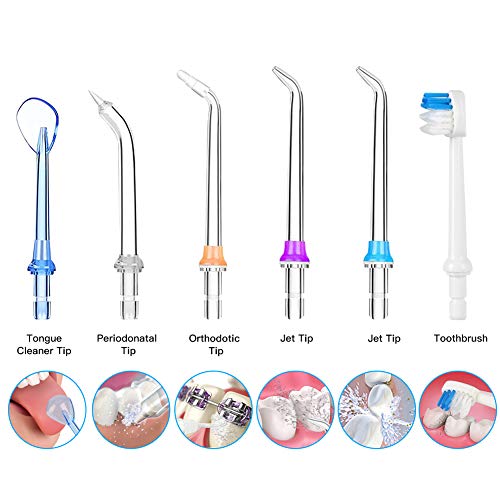 Boquillas de Irrigador Bucal Accesrios de Irrigador Dental 6 pcs Boquillas para Limpiar Bucal, 2 * Boquilla Estándar, Cepillo de Dientes, Boquilla de Ortodoncia, Boquilla Gingival, Boquilla de Lengua