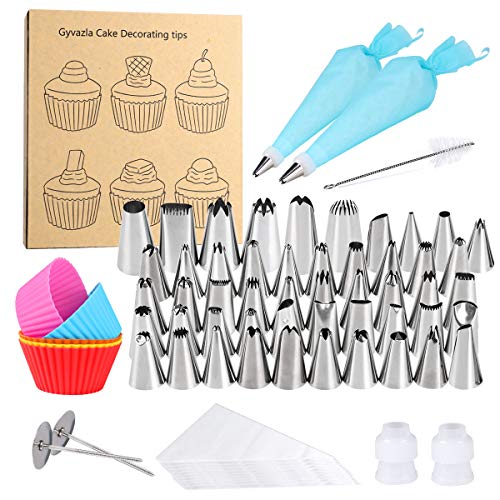 Boquillas para Manga Pastelera Decoración, Gyvazla 72 piezas Set con 50 Boquillas, 2 Bolso de Pastelería, 10 Desechable Bolso, 2 Acopladores, 2 Soporte, 5 Moldes de Silicona y Cepillo de Limpieza
