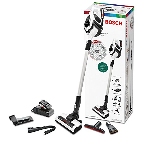 Bosch Unlimited Serie 8 BBS1U224 Aspirador escoba sin cable, hasta 60 minutos de duración, incluye 2 baterías extraíbles, color blanco
