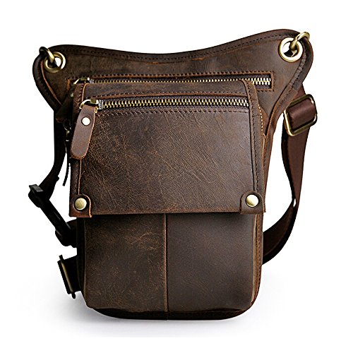 boshiho - Riñonera de Piel auténtica para Hombre, Mens Pierna Bolsa Moto Cuero Genuino Multi-propósito (LCMarron Oscuro)