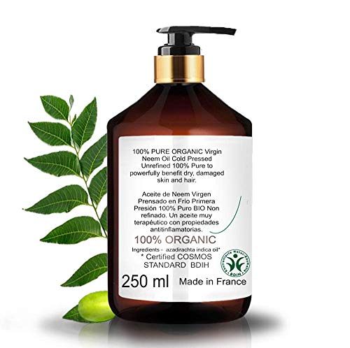B.O.T cosmetic & wellness Aceite de Neem Virgen Prensado en Frío Primera Presión 100% Puro Bio Aceite Vegetal Non Refinado (250 ml) Azadirachtin 3123.32 ppm.