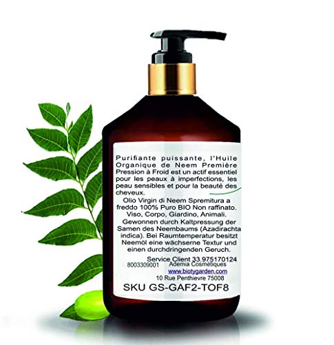 B.O.T cosmetic & wellness Aceite de Neem Virgen Prensado en Frío Primera Presión 100% Puro Bio Aceite Vegetal Non Refinado (250 ml) Azadirachtin 3123.32 ppm.