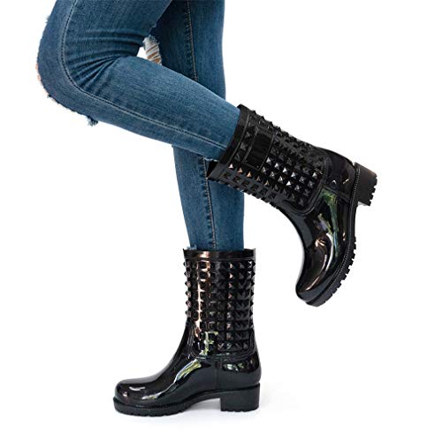 Bota Lluvia Mujer Altas Bota Goma Bota Impermeable Botines Wellington Boots Exterior Zapatos Planos Antideslizante Trabajo Jardín Invierno Negro Azul 36-43 Negro 40