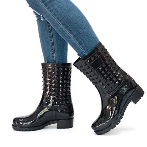 Bota Lluvia Mujer Altas Bota Goma Bota Impermeable Botines Wellington Boots Exterior Zapatos Planos Antideslizante Trabajo Jardín Invierno Negro Azul 36-43 Negro 40