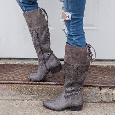 Botas Altas para Mujer Botas De Cuña con Punta Redonda Botas Largas Zapatos Casuales Antideslizante Cómodo Cremallera,Gris,36