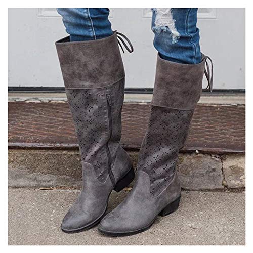 Botas Altas para Mujer Botas De Cuña con Punta Redonda Botas Largas Zapatos Casuales Antideslizante Cómodo Cremallera,Gris,36