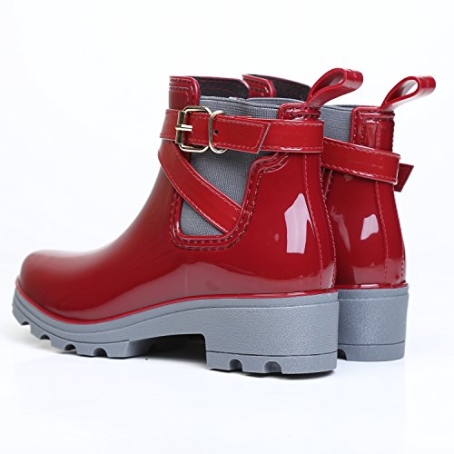 Botas de Agua Bota de Goma Mujer Impermeable lluvia Zapatos Tobillo Casual Calzado, Rojo 35