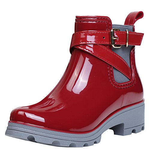 Botas de Agua Bota de Goma Mujer Impermeable lluvia Zapatos Tobillo Casual Calzado, Rojo 35