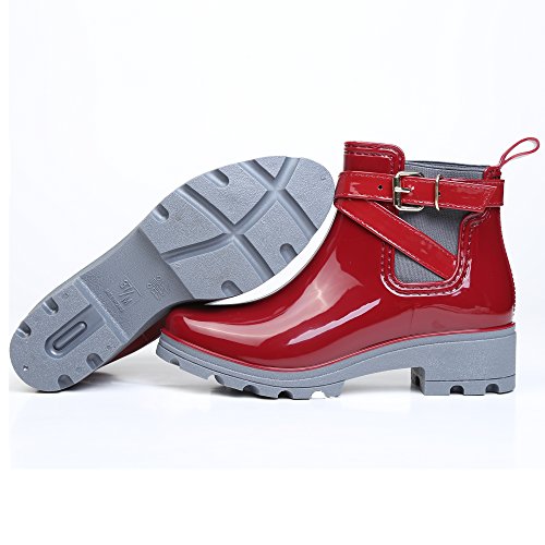 Botas de Agua Bota de Goma Mujer Impermeable lluvia Zapatos Tobillo Casual Calzado, Rojo 38