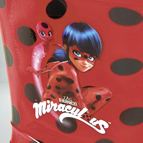 Botas de Agua Miraculous Lady Bug Niña - Botines Impermeables Ladybug Rojos Fantasía de Lunares - Botas Lluvia con Suela Antideslizante y Cierre con Cordón - Perletti (Detalles Negros, Numeric_28)