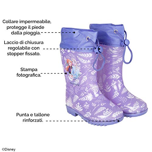 Botas de Agua Niña Disney Frozen - Botines Impermeables Infantiles Lila - Estampado Elsa y Detalles Blancos - Suela Antideslizante y Cierre con Cordón - Perletti (Lila, 24/25 EU)