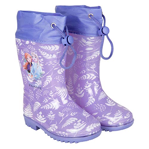 Botas de Agua Niña Disney Frozen - Botines Impermeables Infantiles Lila - Estampado Elsa y Detalles Blancos - Suela Antideslizante y Cierre con Cordón - Perletti (Lila, 24/25 EU)