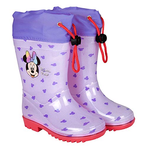 Botas de Agua Niñas Minnie Mouse - Botines Impermeables Infantiles Official Disney Minni - Suela Antideslizante y Cierre Cordón - Lila y Rojo - 4 Tallas Diferentes - Perletti (Lila, 28/29 EU)