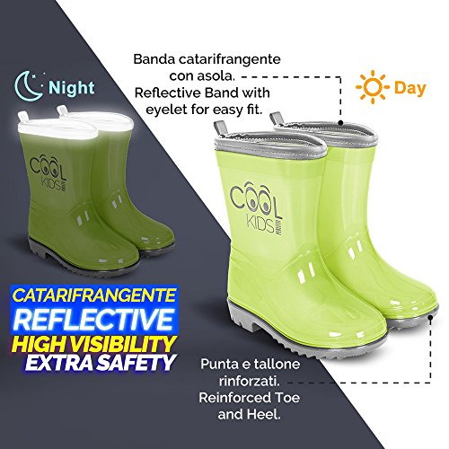 Botas de Agua para Niño y Niña Verde Reflectantes - Botines Impermeables Infantiles Suela Antideslizante y Colores de Alta Visibilidad - Perletti Cool Kids (22/23, Verde)