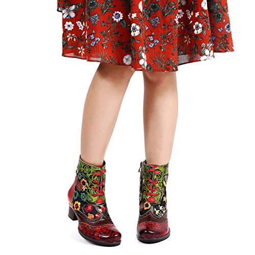 Botas de Cuero Liso,Camfosy Winter City Shoes con Tacones Planos Botas Botas con Cordones y Suela Cómoda para Pies Anchos Diseño Original Bohemian 2018 Marrón Rojo Azul