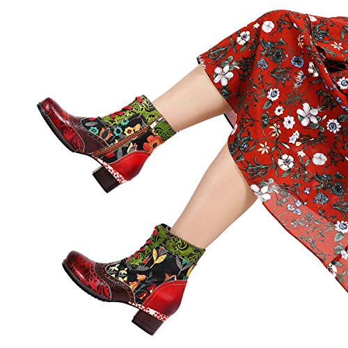 Botas de Cuero Liso,Camfosy Winter City Shoes con Tacones Planos Botas Botas con Cordones y Suela Cómoda para Pies Anchos Diseño Original Bohemian 2018 Marrón Rojo Azul