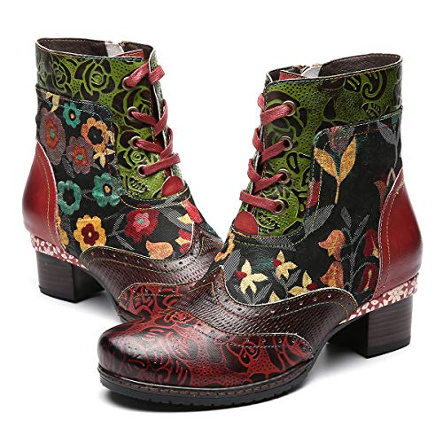 Botas de Cuero Liso,Camfosy Winter City Shoes con Tacones Planos Botas Botas con Cordones y Suela Cómoda para Pies Anchos Diseño Original Bohemian 2018 Marrón Rojo Azul