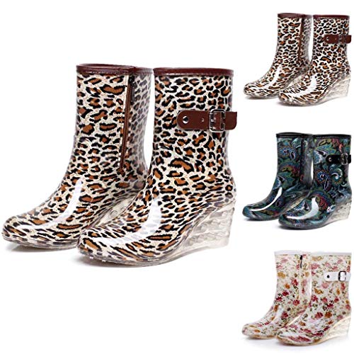 Botas de Lluvia Mujer Hunter Zapatos Cuña Botas de Lluvia Hebilla con Cremallera Lateral Transparentes Botines de Goma Moda Casual Antideslizante Impermeable Leopardo Yvelands(Azul,36)