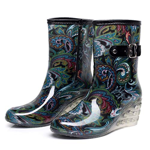 Botas de Lluvia Mujer Hunter Zapatos Cuña Botas de Lluvia Hebilla con Cremallera Lateral Transparentes Botines de Goma Moda Casual Antideslizante Impermeable Leopardo Yvelands(Azul,36)