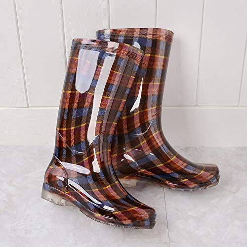 Botas De Lluvia Para Mujer,Otoño E Invierno Impermeable Antideslizante Slip En Botas De Lluvia Wellies Plaid Femenino Imprimir Tubo De Alta Lluvia Boot Señoras Zapatillas Para El Agua De Lluvia