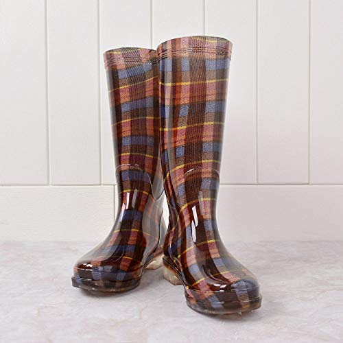 Botas De Lluvia Para Mujer,Otoño E Invierno Impermeable Antideslizante Slip En Botas De Lluvia Wellies Plaid Femenino Imprimir Tubo De Alta Lluvia Boot Señoras Zapatillas Para El Agua De Lluvia