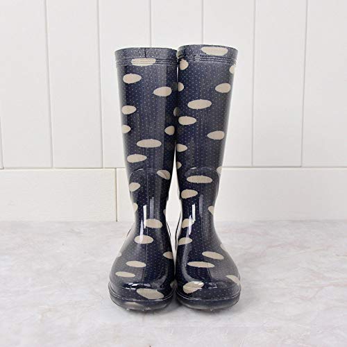 Botas De Lluvia Para Mujer,Otoño E Invierno Impermeable Antideslizante Slip En Wellies Botas De Lluvia Negra Hembra De Mancha Blanca Tubo Alta Señoras Zapatillas Para El Agua De Lluvia Ligera Y