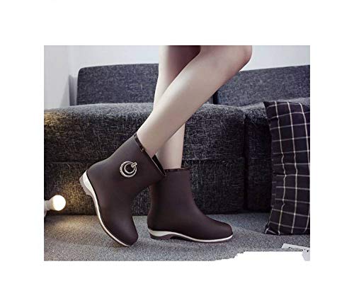 Botas De Lluvia Para Mujer,Slip Impermeable Antideslizante En Wellies Tubo Bajo La Lluvia Botas Wellington Señoras Anillo Marrón Hebilla Hembra Chelsea Zapatos Zapatos Acuáticos Piscina Cómoda