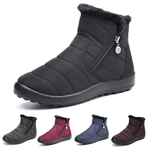 Botas de Nieve para Mujer Niñas,Camfosy Botines de Invierno Impermeables Piel Interior cálida Zapatos Planos Tacón Plano Ciudad Botas Antideslizante Cómoda Negro Azul Rojo 2020