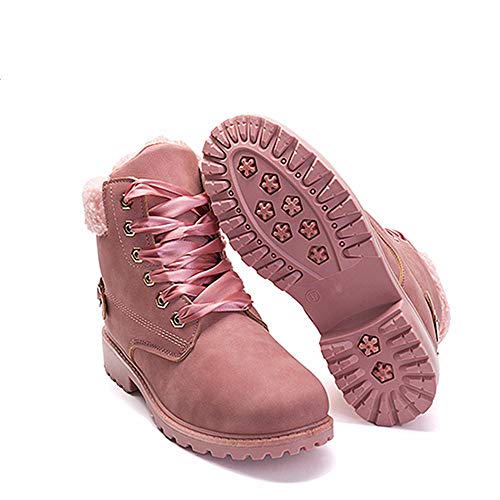 Botas Nieve Mujer Otoño Invierno Calentar Piel Forro Botines Retro Snow Boots Cordones Zapatillas Planas Rosa 38