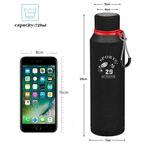 Botella de Agua Acero Inoxidable, 720ml Aislamiento de Vacío de Doble Pared Botella termica, sin BPA Botella Agua Deporte, para Viaje, Deporte, Bicicleta, Gimnasio, Camping