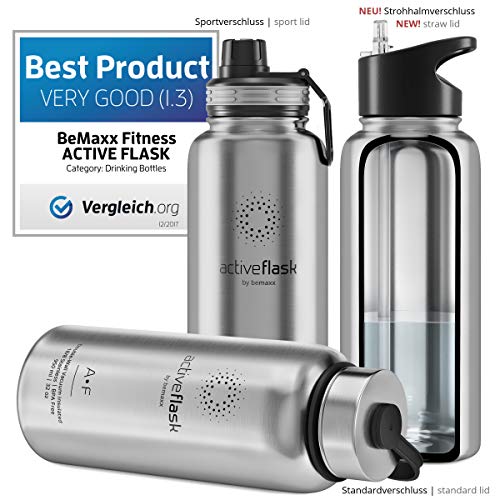 Botella de Agua Térmica Active Flask + 3 Tapones sin BPA - 1l & 950ml | Frasco Termo de Acero Inoxidable + Aislamiento Vacío | Cantimplora Aislada Oficina Bicicleta Deporte Caliente Fría Café Té