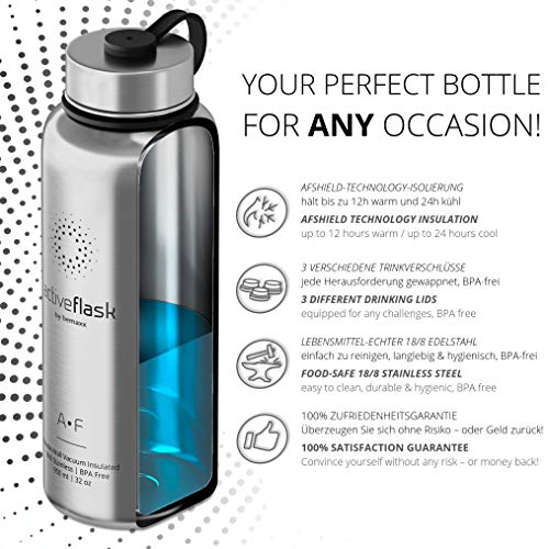 Botella de Agua Térmica Active Flask + 3 Tapones sin BPA - 1l & 950ml | Frasco Termo de Acero Inoxidable + Aislamiento Vacío | Cantimplora Aislada Oficina Bicicleta Deporte Caliente Fría Café Té