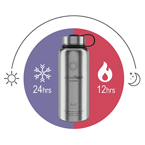 Botella de Agua Térmica Active Flask + 3 Tapones sin BPA - 1l & 950ml | Frasco Termo de Acero Inoxidable + Aislamiento Vacío | Cantimplora Aislada Oficina Bicicleta Deporte Caliente Fría Café Té