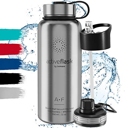 Botella de Agua Térmica Active Flask + 3 Tapones sin BPA - 1l & 950ml | Frasco Termo de Acero Inoxidable + Aislamiento Vacío | Cantimplora Aislada Oficina Bicicleta Deporte Caliente Fría Café Té