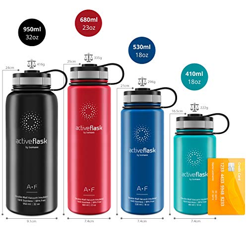 Botella de Agua Térmica Active Flask + 3 Tapones sin BPA - 1l & 950ml | Frasco Termo de Acero Inoxidable + Aislamiento Vacío | Cantimplora Aislada Oficina Bicicleta Deporte Caliente Fría Café Té