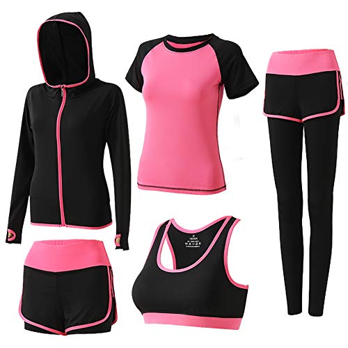 BOTRE 5 Piezas Conjuntos Deportivos para Mujer Chándales Ropa de Correr Yoga Fitness Tenis Suave Transpirable Cómodo (Rosa Rojo, S)
