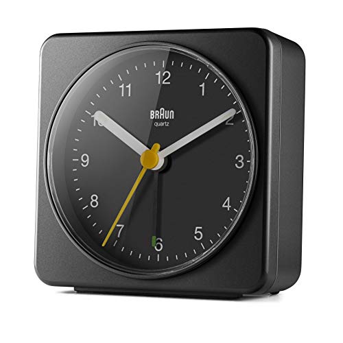 Braun BC-03-B - Reloj despertador clásico analógico ideal para viaje, alarma cecriente, agujas luminosas, movimiento silencioso, esfera mate, color negro