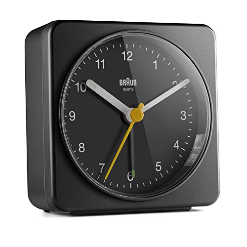 Braun BC-03-B - Reloj despertador clásico analógico ideal para viaje, alarma cecriente, agujas luminosas, movimiento silencioso, esfera mate, color negro