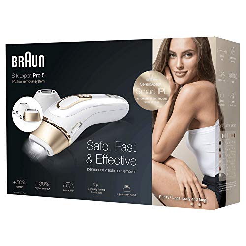 Braun IPL Silk expert Pro 5 PL5137MN - Depiladora láser de luz pulsada de última generación, depilación permanente del vello visible, blanca y dorada