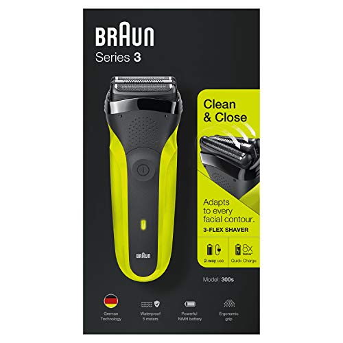Braun Series 3 300 Afeitadora Eléctrica, Maquinilla para Hombre con 3 Láminas Flexibles, Recargable, Inalámbrica, Lavable, Color Negro/Verde