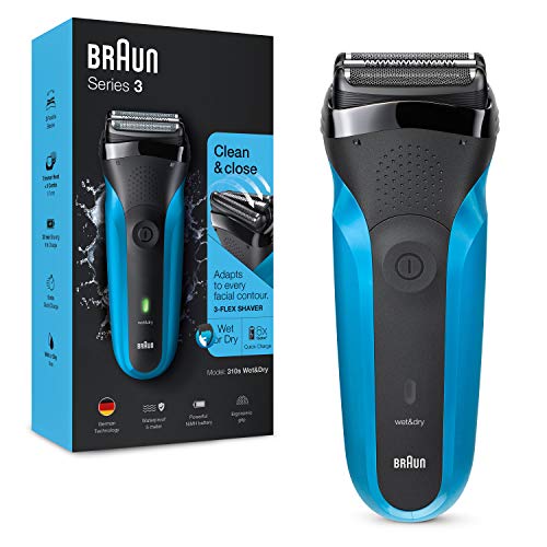 Braun Series 3 310 Afeitadora Eléctrica, Maquinilla Wet & Dry para Barba Hombre con 3 Láminas Flexibles, Recargable e Inalámbrica, Lavable, Negro/Azul