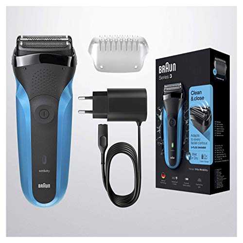 Braun Series 3 310 Afeitadora Eléctrica, Maquinilla Wet & Dry para Barba Hombre con 3 Láminas Flexibles, Recargable e Inalámbrica, Lavable, Negro/Azul