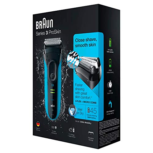 Braun Series 3 ProSkin 3040 s - Afeitadora Eléctrica Hombre, Afeitadora Barba Inalámbrica y Recargable, Wet&Dry, Color Negro y Azul