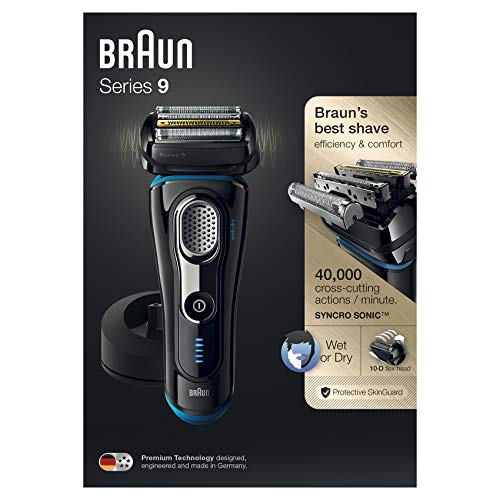 Braun Series 9 9240 s - Afeitadora eléctrica para hombre de lámina, en húmedo y seco, máquina de afeitar barba con base cargadora, negro/azul, sólo recargable, inalámbrico