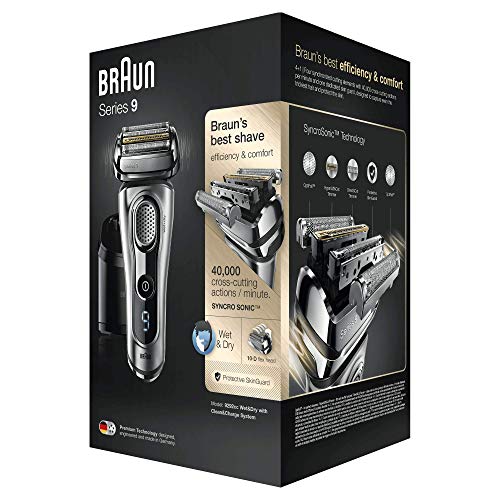 Braun Series 9 9292 Clean&Charge Afeitadora Eléctrica Hombre, Afeitadora Barba, Estación de Limpieza y Carga Clean&Charge y Funda para Viaje, Plata