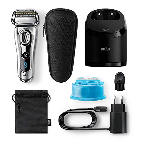 Braun Series 9 9292 Clean&Charge Afeitadora Eléctrica Hombre, Afeitadora Barba, Estación de Limpieza y Carga Clean&Charge y Funda para Viaje, Plata