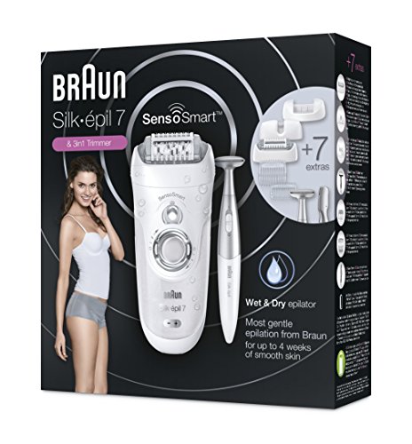 Braun Silk-Épil 7 7/890 - Depiladora Mujer, Eléctrica Inalámbrica y Recortadora Corporal y Facial, 7 Accesorios, Tecnología Senso Smart, Plata